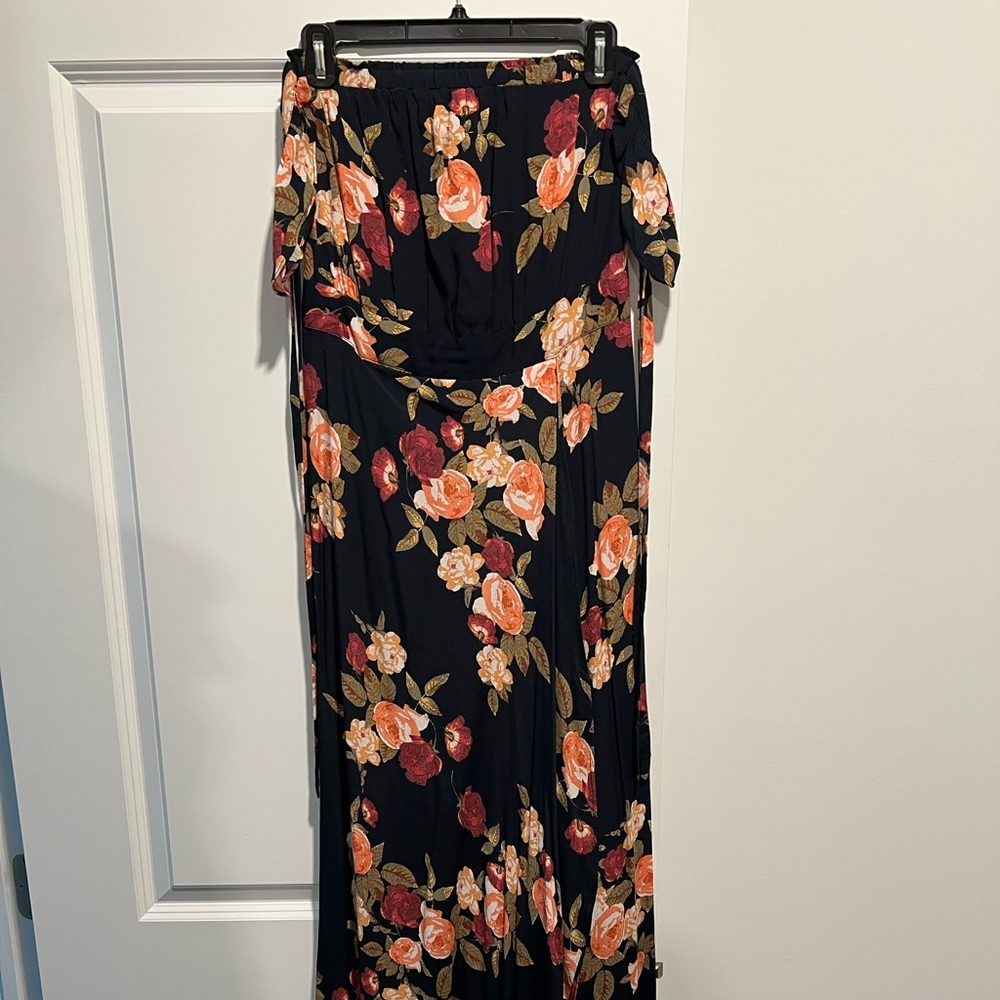 Navy and floral strapless maxi dress